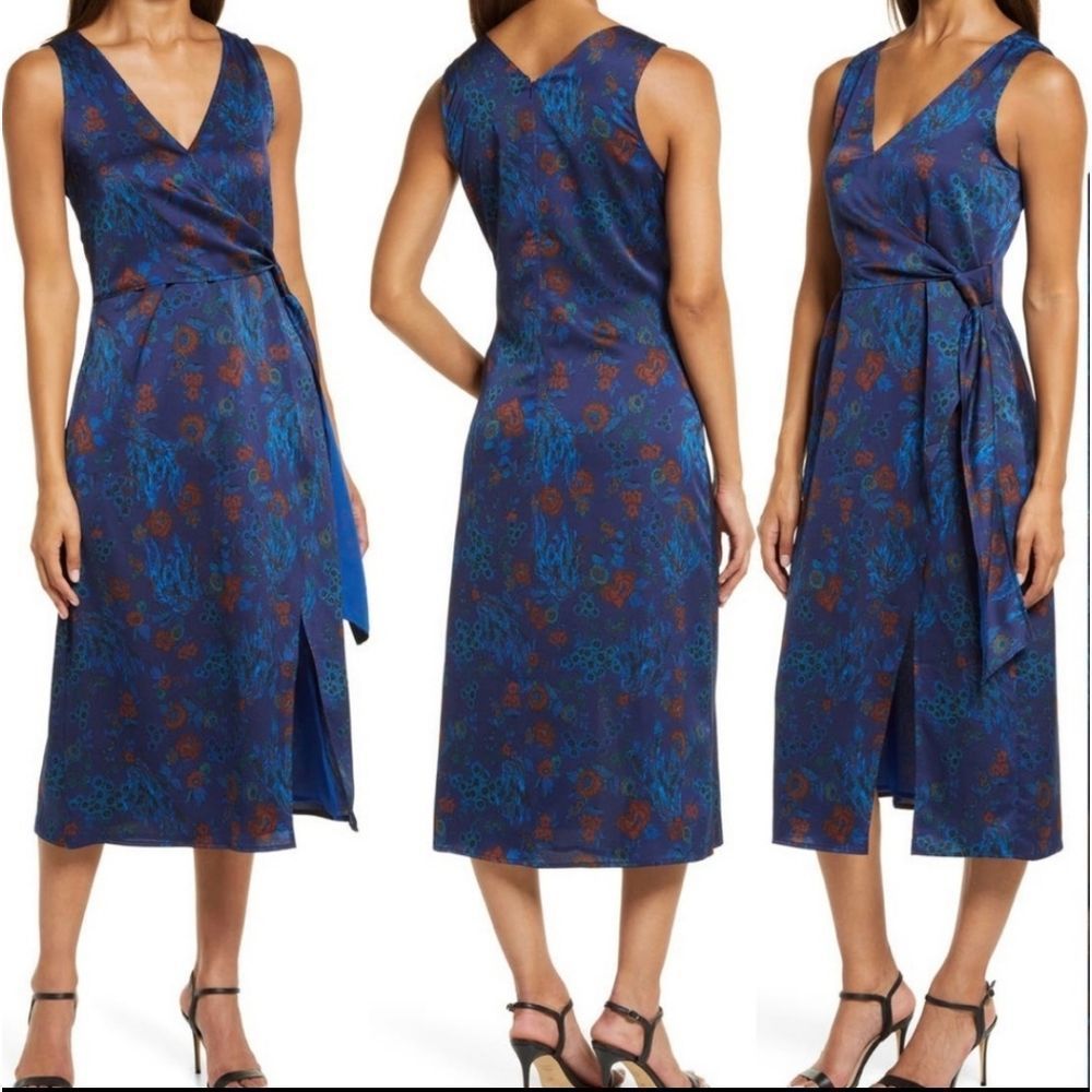 HALOGEN Blue Satin Floral Mix Sleeveless Dress Size S